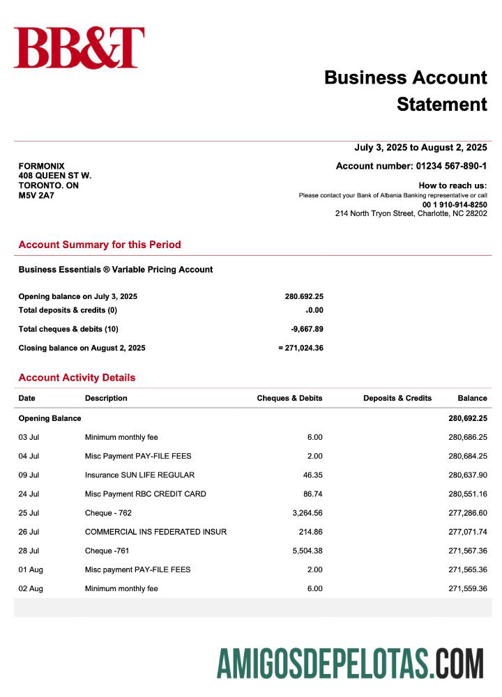Baixável USA BB&T Corp Firm modelo de extrato de conta Word e PDF